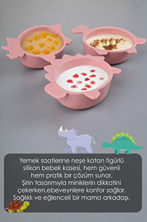 Kaplumbağa Figürlü Silikon Bebek Mama Kasesi - Şekilli Bebek Beslenme Kasesi - Pembe