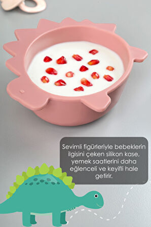 Dinozor Figürlü Silikon Bebek Mama Kasesi - Şekilli Bebek Beslenme Kasesi - Pembe