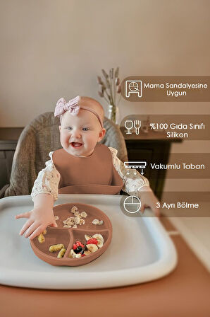 3'lü Silikon Beslenme Seti - Silikon Mama Önlüğü, Vakumlu Mama Tabağı, Diş Kaşıyıcı Kaşık Kahverengi