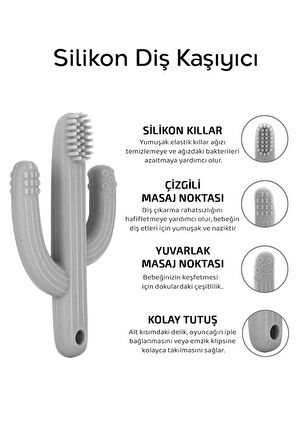 2'li Bebek Diş Kaşıyıcı Seti - Silikon Diş Kaşıma Emziği, Kaktüs Silikon Diş Kaşıyıcı - Gri
