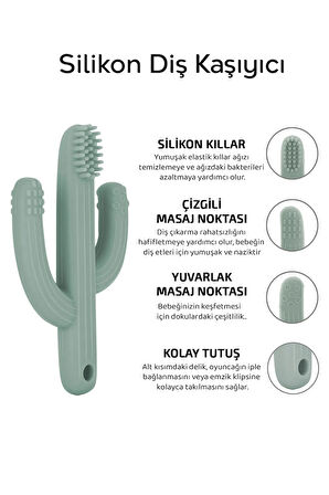 2'li Bebek Diş Kaşıyıcı Seti - Silikon Diş Kaşıma Emziği, Kaktüs Silikon Diş Kaşıyıcı - Yeşil