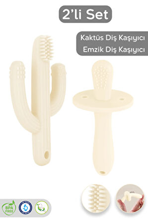 2'li Bebek Diş Kaşıyıcı Seti - Silikon Diş Kaşıma Emziği, Kaktüs Silikon Diş Kaşıyıcı - Bej