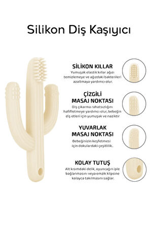 2'li Bebek Diş Kaşıyıcı Seti - Silikon Diş Kaşıma Emziği, Kaktüs Silikon Diş Kaşıyıcı - Bej