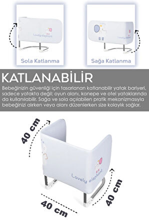 120x42 cm Katlanır Bebek Yatak Bariyeri - Fil Desenli Koruyucu Baza Korkuluğu Güvenlik Bariyeri
