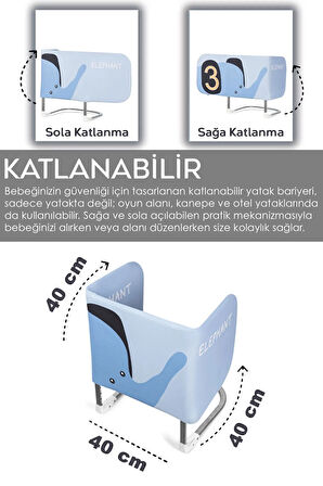 120x42 cm Katlanır Bebek Yatak Bariyeri - Fil Figürlü Koruma Güvenlik Bariyeri Baza Korkuluğu