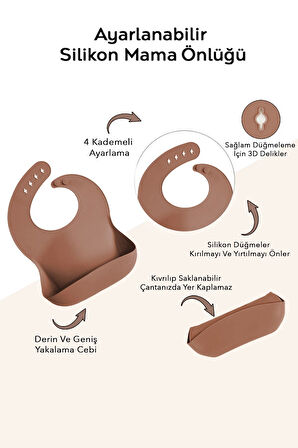 4'lü Silikon Beslenme Seti - Bebek Mama Önlüğü, Mama Kaşığı, Kulplu Bardak, Vakumlu Tabak Kahverengi
