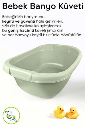 3'lü Set - Bebek Yıkama Banyo Küveti, Desenli Su Kovası, Maşrapa, Yeşil - Yıkama Filesi Hediye