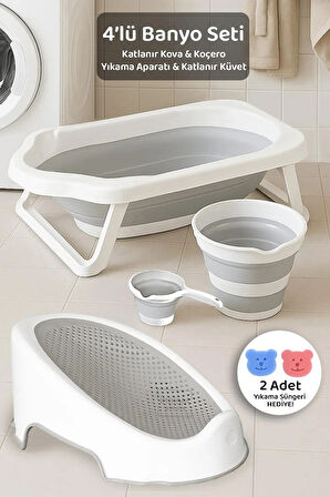 4'lü Katlanır Banyo Seti - Bebek Küveti, Fileli Yıkama Aparatı, Su Kovası, Maşrapa Sünger Hediye Gri