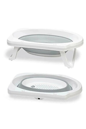 4'lü Katlanır Banyo Seti - Bebek Küveti, Fileli Yıkama Aparatı, Su Kovası, Maşrapa Sünger Hediye Gri