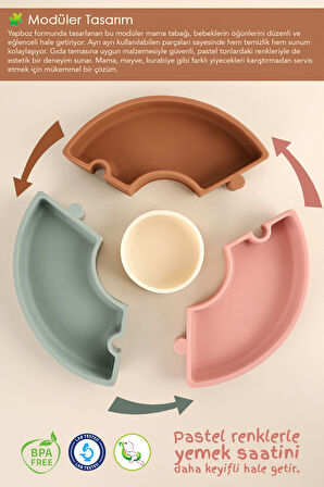 Puzzle Mama Tabağı Kaşık Seti - Silikon Vakum Tabanlı Yapboz Mama Tabağı Silikon Kaşık - Gri Pembe