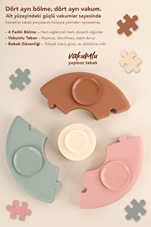 Puzzle Mama Tabağı Kaşık Seti - Silikon Vakum Tabanlı Yapboz Mama Tabağı Silikon Kaşık - Gri Pembe