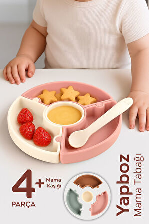 Puzzle Mama Tabağı Kaşık Seti - Silikon Vakum Tabanlı Yapboz Mama Tabağı Silikon Kaşık - Pembe Bej