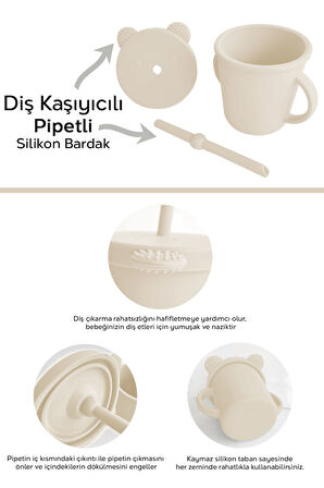 4'lü Silikon Beslenme Seti - Yapboz Puzzle Mama Tabağı Önlük Pipetli Bardak Diş Kaşıyıcı Kaşık Bej