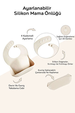 4'lü Silikon Beslenme Seti - Yapboz Puzzle Mama Tabağı Önlük Pipetli Bardak Diş Kaşıyıcı Kaşık Bej