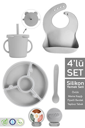4'lü Silikon Beslenme Seti - Yapboz Puzzle Mama Tabağı Önlük Pipetli Bardak Diş Kaşıyıcı Kaşık Gri