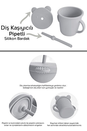 4'lü Silikon Beslenme Seti - Yapboz Puzzle Mama Tabağı Önlük Pipetli Bardak Diş Kaşıyıcı Kaşık Gri