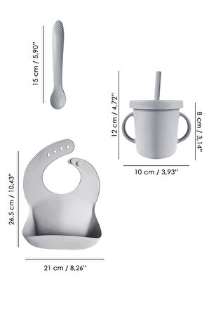 4'lü Silikon Beslenme Seti - Yapboz Puzzle Mama Tabağı Önlük Pipetli Bardak Diş Kaşıyıcı Kaşık Gri
