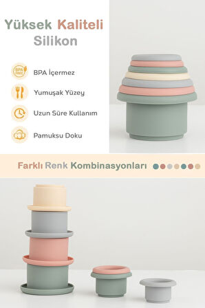 7 Parça Silikon Kule Oyuncak - Bebek Duyusal Eğitici Oyun Kulesi Aktivite Oyuncağı Renkli