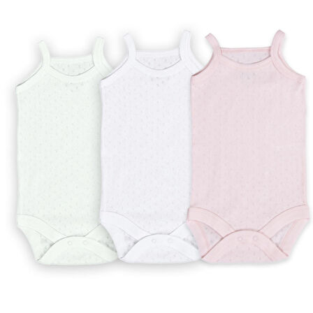 Novibaby 3'lü 0-3 Ay Jakarlı İp Askılı Beyaz Ekru Pembe Bebek Atlet Body Zıbın Çıtçıtlı 100% Pamuk 