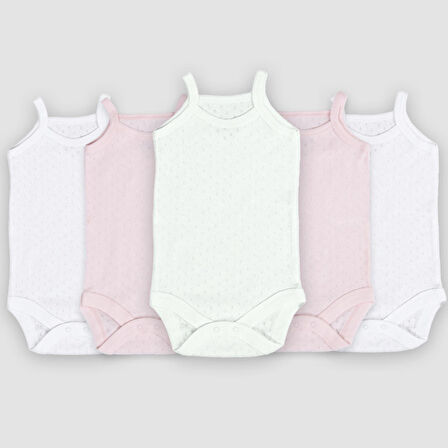 Novibaby 5'li 12-18 Ay Jakarlı İp Askılı Beyaz Ekru Pembe Bebek Atlet Body Zıbın Çıtçıtlı 100% Pamuk 