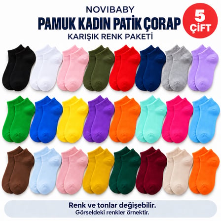 Pamuklu Kadın Patik Çorap Bayan Çok Renkli Spor Kısa Çorabı - 5 Çift
