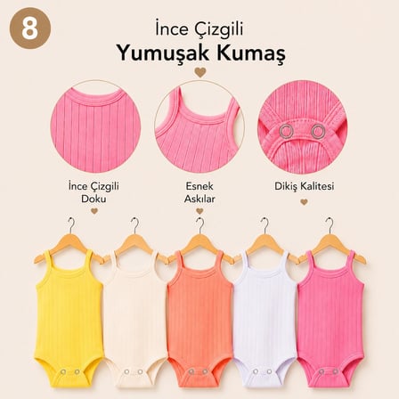 5'li İp Askılı Bebek Body Seti Pamuklu Çıtçıtlı Yazlık Zıbın Çocuk