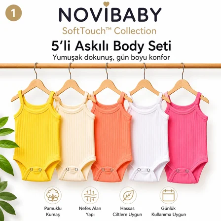 5'li İp Askılı Bebek Body Seti Pamuklu Çıtçıtlı Yazlık Zıbın Çocuk