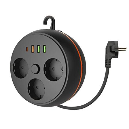 BUFFER® 3 Adet Soket,3 Adet USB ve 1 Adet Type-C Girişli Termal Akım Korumalı Makaralı Priz