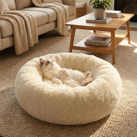 BUFFER® Yuvarlak Ultra Yumuşak Welsoft Peluş Kedi ve Köpek Yatağı – Kaymaz Taban Tüylü Pet Pufu,Uyku
