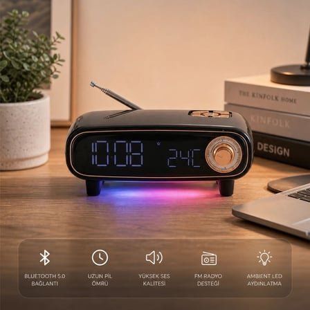 BUFFER® Retro Bluetooth Hoparlör, FM Radyo, LED Işıklı Dijital Masa Saati ve Termometre, Çok Fonksiy