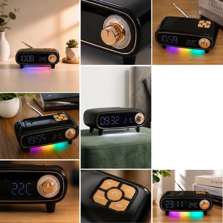BUFFER® Retro Bluetooth Hoparlör, FM Radyo, LED Işıklı Dijital Masa Saati ve Termometre, Çok Fonksiy