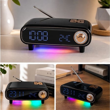 BUFFER® Retro Bluetooth Hoparlör, FM Radyo, LED Işıklı Dijital Masa Saati ve Termometre, Çok Fonksiy