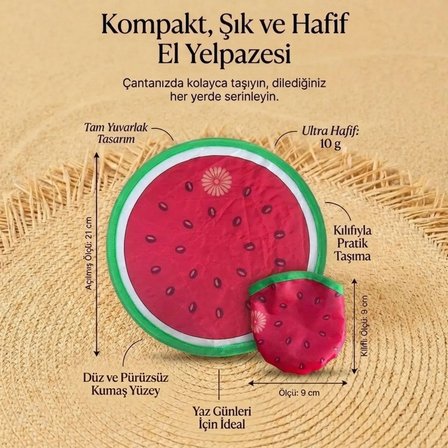 BUFFER® Karpuz Desenli Pratik Katlanabilir El Yelpazesi – Kılıflı Yuvarlak Portatif Otomatik Açılıp 