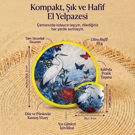 BUFFER® Kuş ve Kelebek Desenli Pratik Katlanabilir El Yelpazesi – Japon Stili Kılıflı Yuvarlak Prati
