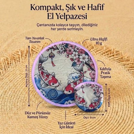BUFFER® Origami Turna Kuşu Desenli Pratik Katlanabilir El Yelpazesi – Japon Stili Kılıflı Yuvarlak O