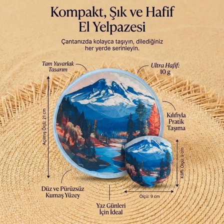 BUFFER® Dağ Manzarası Desenli Pratik Katlanabilir El Yelpazesi – Kılıflı Yuvarlak Pratik Otomatik Aç