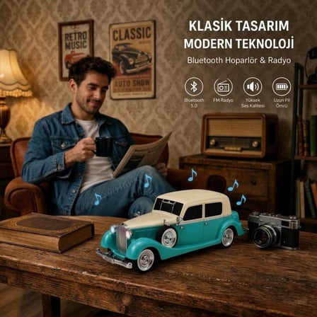 BUFFER® Retro Klasik Araba Bluetooth Hoparlör, Işıklı Nostaljik Radyo, Yuvarlak Far Detaylı Kablosuz
