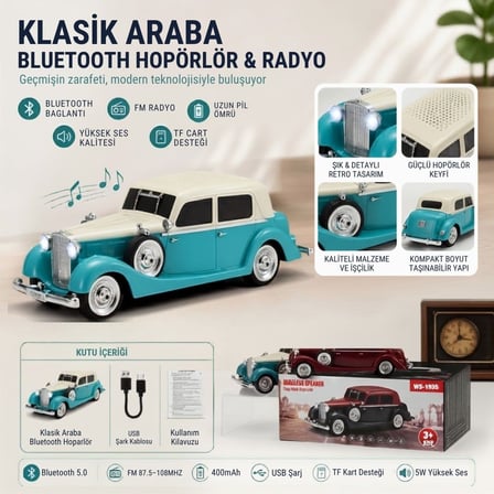 BUFFER® Retro Klasik Araba Bluetooth Hoparlör, Işıklı Nostaljik Radyo, Yuvarlak Far Detaylı Kablosuz
