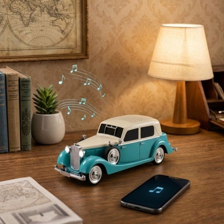 BUFFER® Retro Klasik Araba Bluetooth Hoparlör, Işıklı Nostaljik Radyo, Yuvarlak Far Detaylı Kablosuz