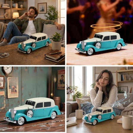 BUFFER® Retro Klasik Araba Bluetooth Hoparlör, Işıklı Nostaljik Radyo, Yuvarlak Far Detaylı Kablosuz