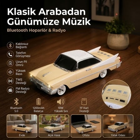 BUFFER® Retro Klasik Araba Bluetooth Hoparlör, Işıklı Nostaljik Radyo, Uzun Gövdeli Klasik Otomobil 