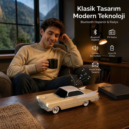 BUFFER® Retro Klasik Araba Bluetooth Hoparlör, Işıklı Nostaljik Radyo, Uzun Gövdeli Klasik Otomobil 