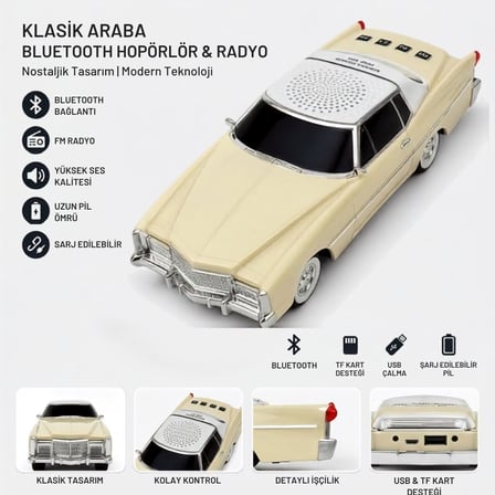 BUFFER® Retro Amerikan Klasik Araba Bluetooth Hoparlör, Işıklı Nostaljik Radyo ve Kablosuz Müzik Çal