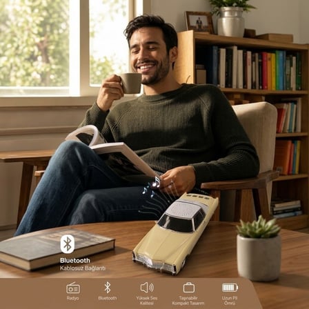 BUFFER® Retro Amerikan Klasik Araba Bluetooth Hoparlör, Işıklı Nostaljik Radyo ve Kablosuz Müzik Çal