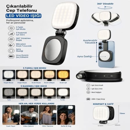 BUFFER® Çıkarılabilir Ayna Özellikli Manyetik Cep Telefonu LED Video Işığı, 5 Farklı Işık Modu ve 5 