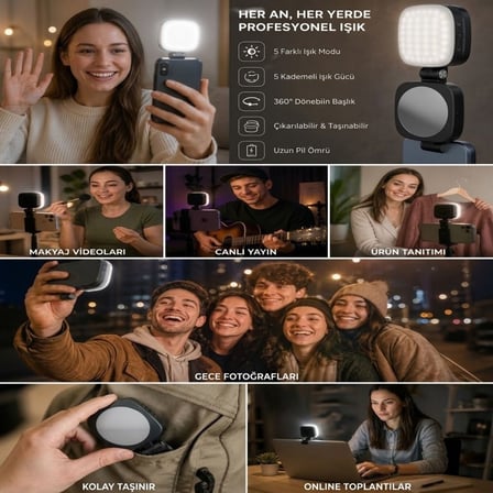 BUFFER® Çıkarılabilir Ayna Özellikli Manyetik Cep Telefonu LED Video Işığı, 5 Farklı Işık Modu ve 5 