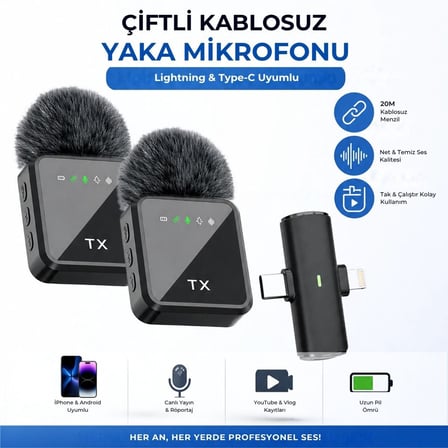BUFFER® 2'li Kablosuz Yaka Mikrofonu, Lightning ve Type-C Uyumlu Gürültü Azaltmalı Telefon Mikrofon 