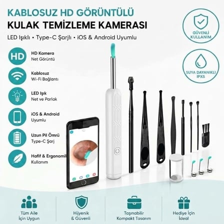 BUFFER® Beyaz Kablosuz HD Görüntülü Kulak Temizleme Kamerası, LED Işıklı Type-C Şarjlı iOS ve Androi