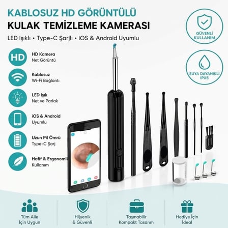 BUFFER® Siyah Kablosuz HD Görüntülü Kulak Temizleme Kamerası, LED Işıklı Type-C Şarjlı iOS ve Androi