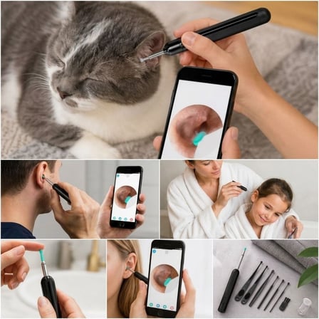 BUFFER® Siyah Kablosuz HD Görüntülü Kulak Temizleme Kamerası, LED Işıklı Type-C Şarjlı iOS ve Androi